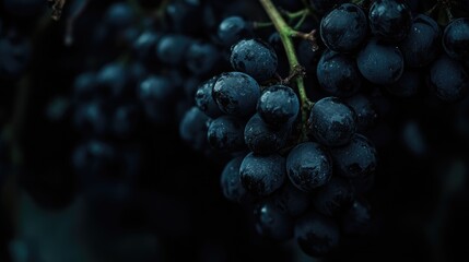 Fototapeta premium Freshly harvested black grapes with water droplets on dark background featuring ample copy space for text insertion.