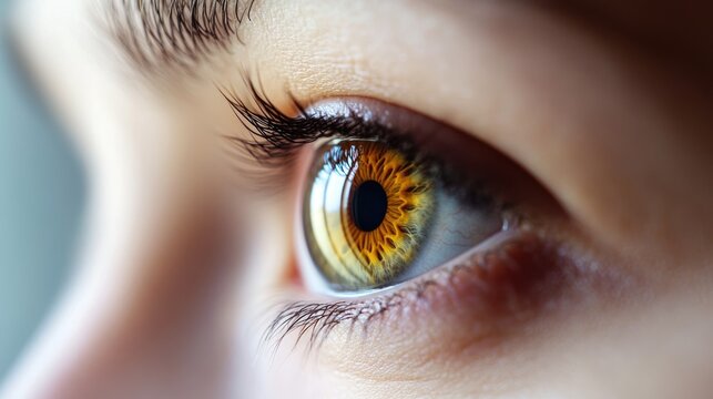 Close-up of a human eye showcasing intricate details of the iris with vibrant amber color and clear reflection, suitable for Copy Space. - Powered by Adobe