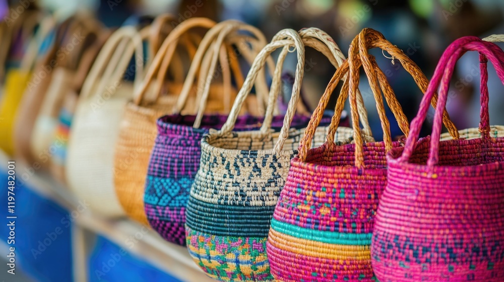 Poster colorful handmade woven baskets displayed in a market setting with blurred background and ample copy
