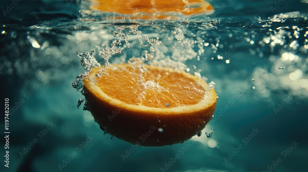 Aufkleber fresh orange slice submerged in water creating bubbles with clear copy space for text placement.