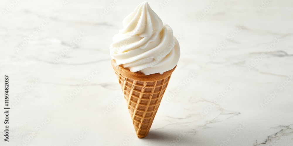 Poster creamy vanilla soft serve ice cream in a waffle cone on a light marble surface with copy space for t