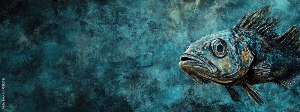 Poster close-up of a textured fish against a dark abstract background with blue tones and copy space for te