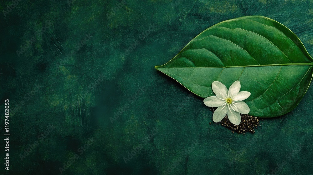 Poster green textured background with a large green leaf and a white flower resting on dark seeds with ampl