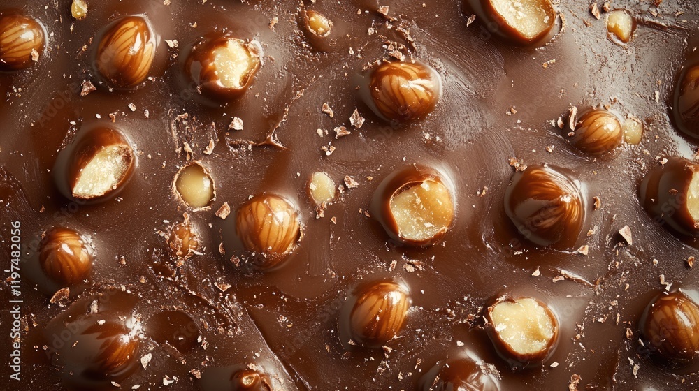 Poster delicious chocolate bar texture with whole hazelnuts on surface featuring glossy coating and copy sp