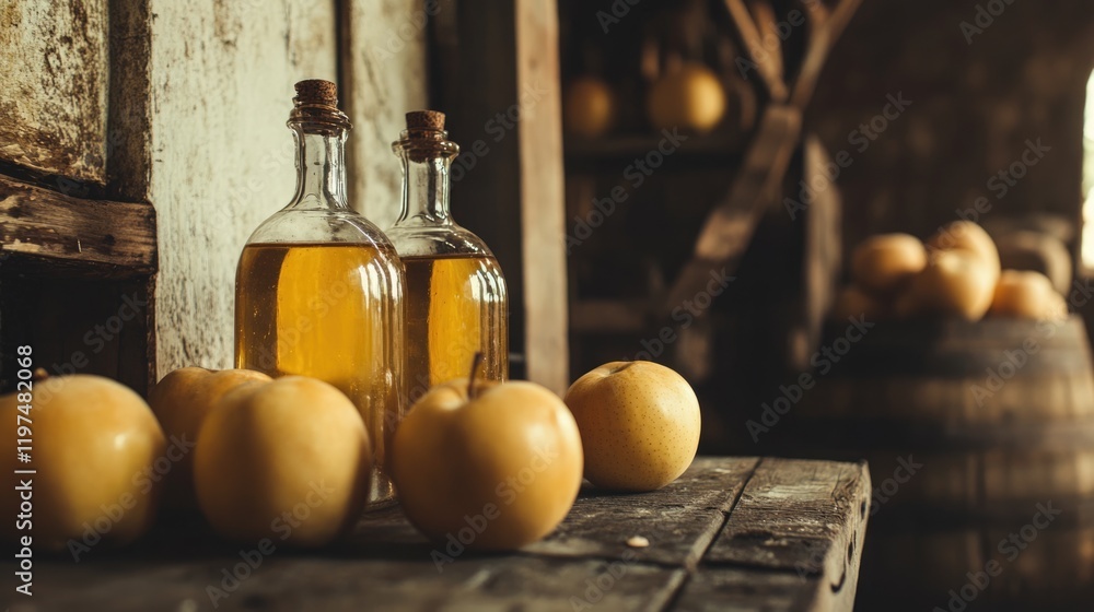 Poster bottles of golden liquid placed on a rustic wooden table with fresh apples in a vintage setting copy