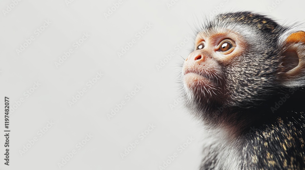 Poster portrait of a marmoset monkey against a light background with copy space for text placement