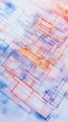 Architectural blueprint drawings overlaid with vibrant watercolor-style gradient effects in blue and coral pink hues, creating an artistic interpretation of technical plans.