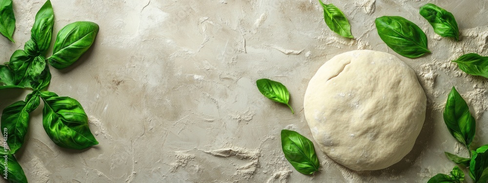 Poster pizza dough with fresh basil leaves on a textured surface with copy space for text placement.