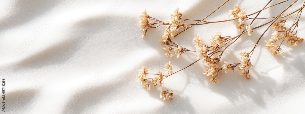 Poster dried flowers on soft cream fabric with gentle folds and copy space for text placement