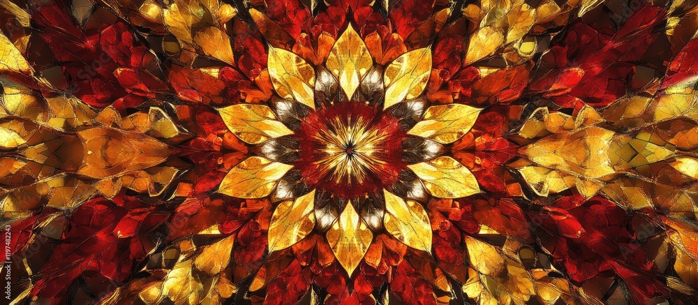 Poster Colorful abstract pattern with autumn leaves design in rich reds and golds displaying intricate details and textures Copy Space