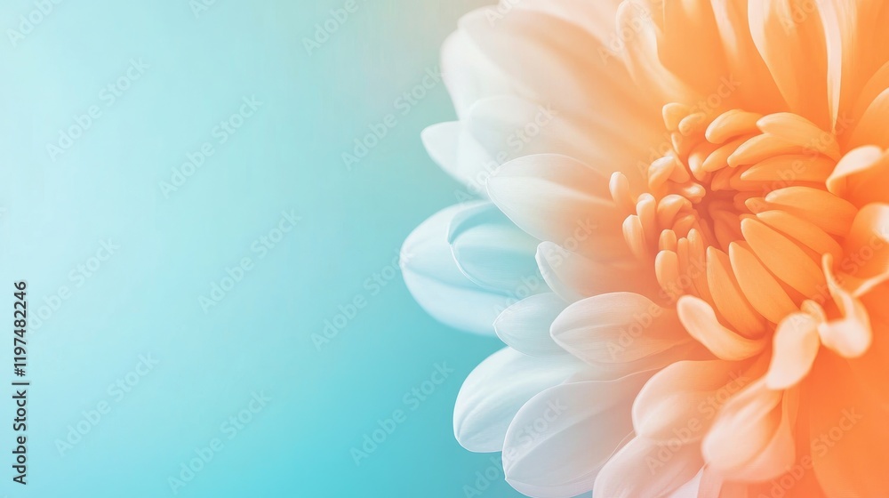 Poster soft focus macro image of a delicate orange and white flower petal against a gradient blue backgroun