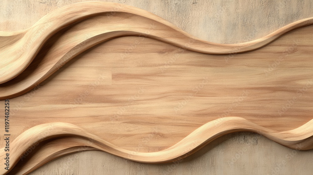 Poster wooden abstract wave design with smooth curves on textured background featuring ample copy space for