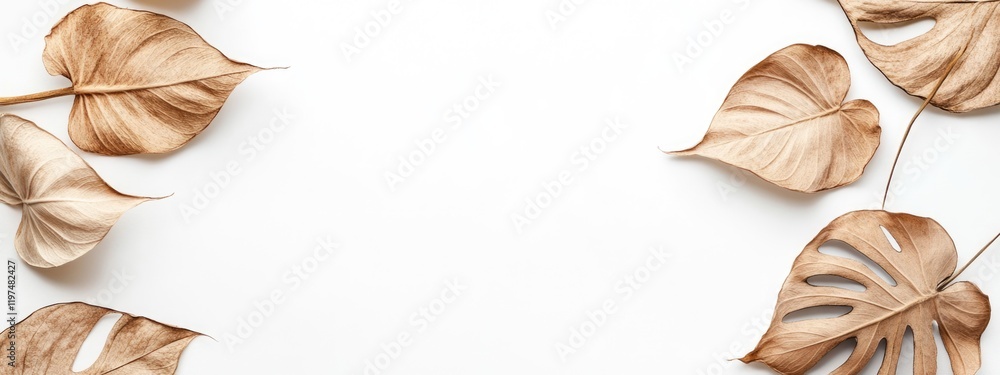Poster dried leaves arrangement on white background with copy space for text and design elements