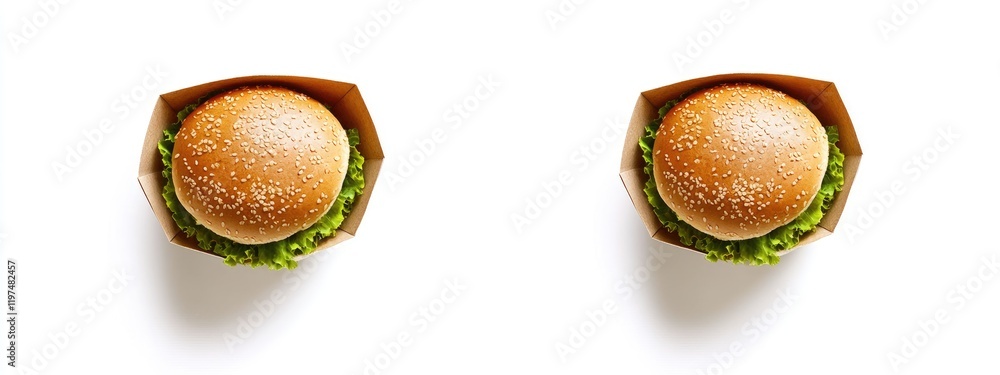 Poster two sesame seed buns with fresh lettuce on a white background with copy space for text insertion