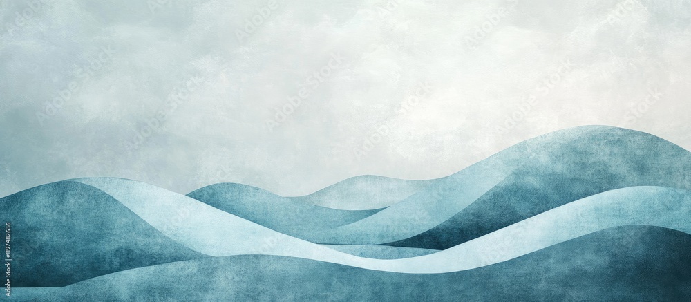 Poster abstract landscape with layered blue-green hills and soft cloudy background featuring copy space for
