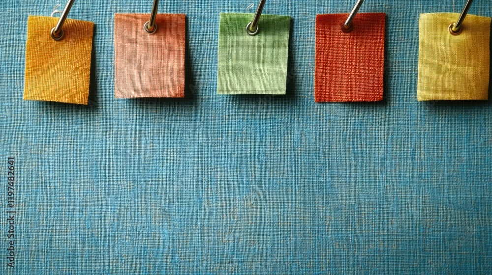 Poster colorful fabric swatches attached with metal clips on a textured blue background with ample copy spa