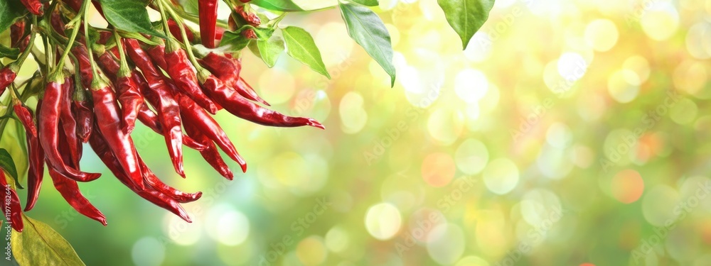 Aufkleber red chili peppers hanging on a vine with soft focus background bokeh and ample copy space for text p