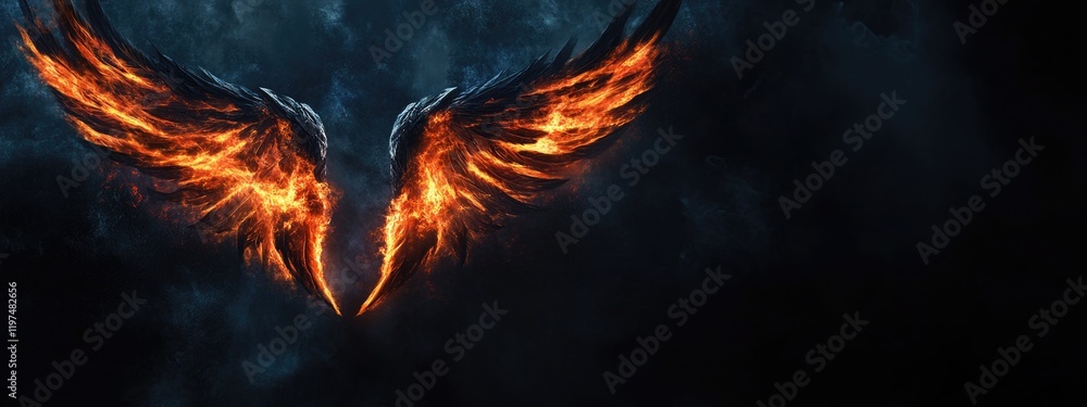 Poster fiery abstract wings design on dark background with smoke and copy space for text placement