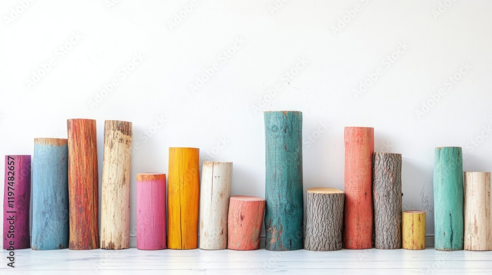 Poster colorful wooden logs arranged in a row with a neutral background and copy space for text