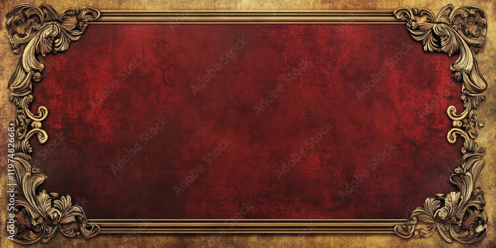 Poster vintage ornate frame with red textured background and decorative gold borders providing ample copy s