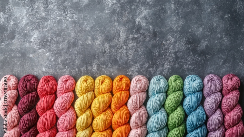 Poster colorful assortment of yarn skeins displayed on a textured gray background with copy space for overl