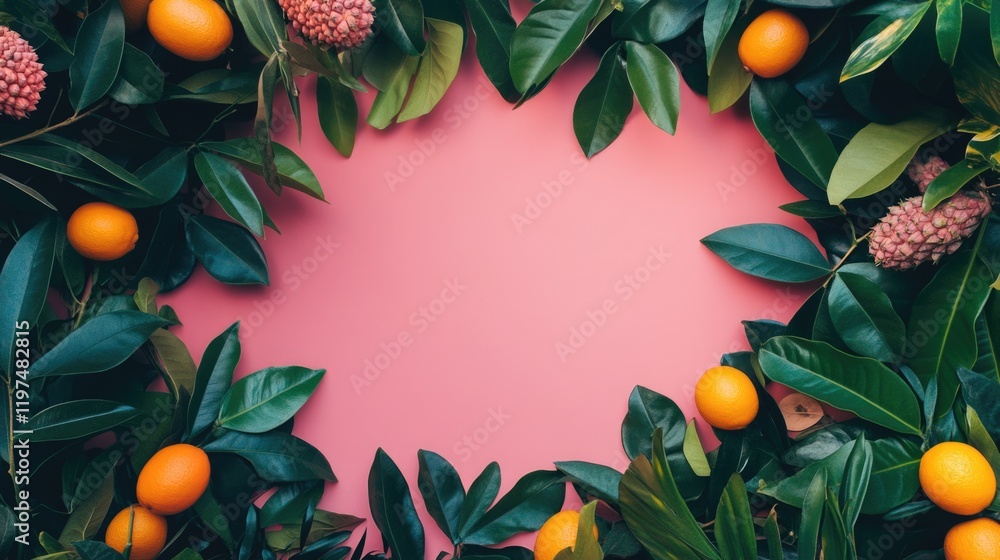 Poster vibrant fruit and foliage frame on a pink background with ample copy space for text or graphics. ide