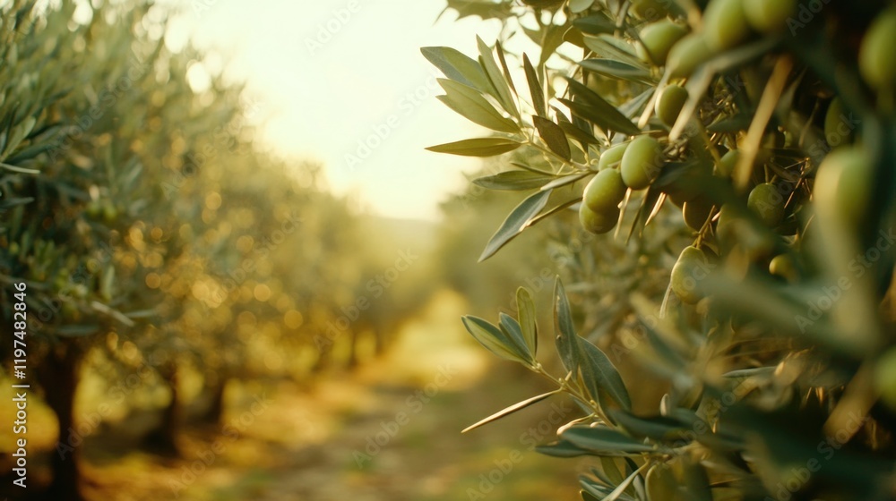 Poster olive grove at sunset with sunlit trees and ripe olives, creating a serene landscape. copy space ava