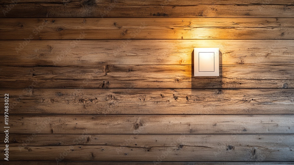 Poster wooden wall with rustic texture featuring a modern light switch illuminated by soft warm light again