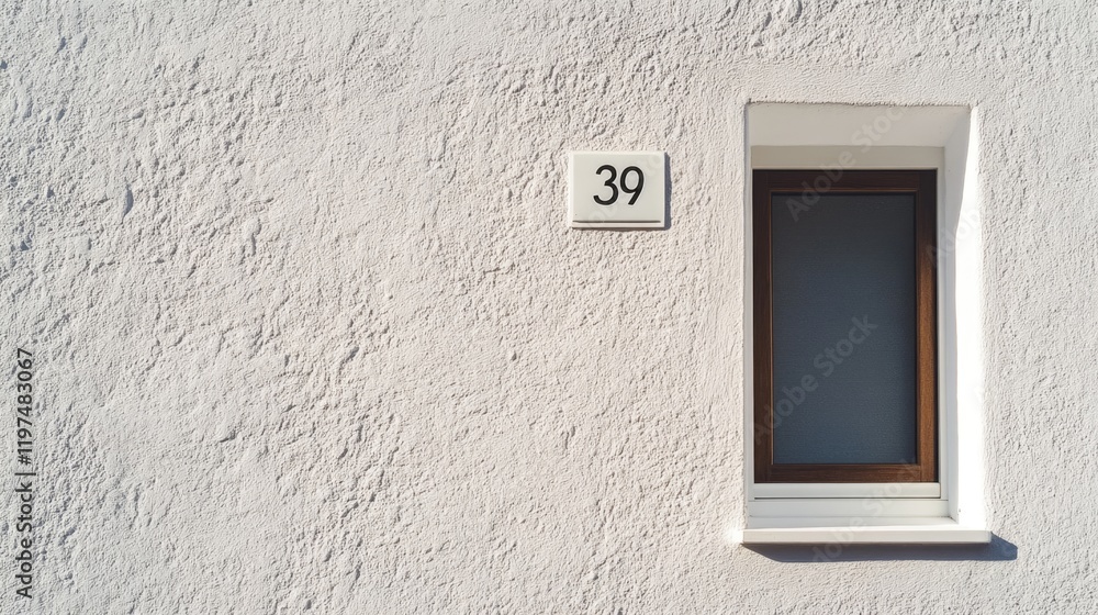 Poster minimalist facade of a white building featuring a small brown window and house number 39 with ample 