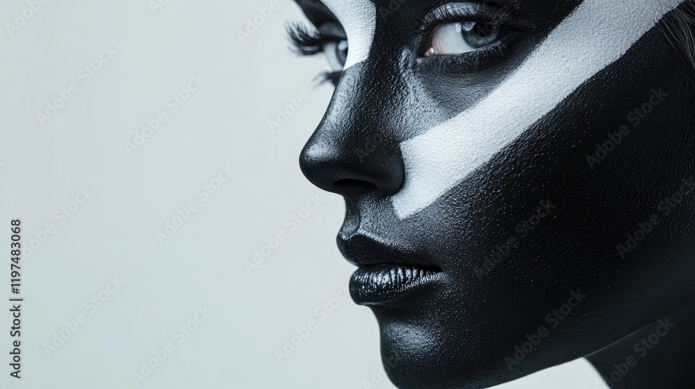 Poster close-up profile of a model with artistic black and white face paint design against a light backgrou