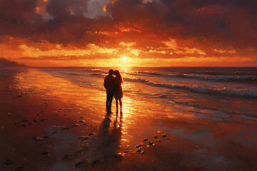 Naklejka premium a painting of two people standing on a beach at sunset with the sun setting behind them and the ocean in the background