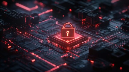 Digital Cybersecurity Lock Symbol Over Microchip Circuitry with Red Neon Lighting