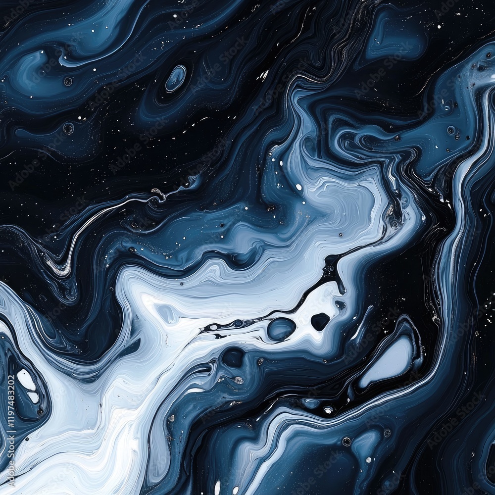 Poster abstract blue and white marble texture background with dark tones and fluid patterns copy space
