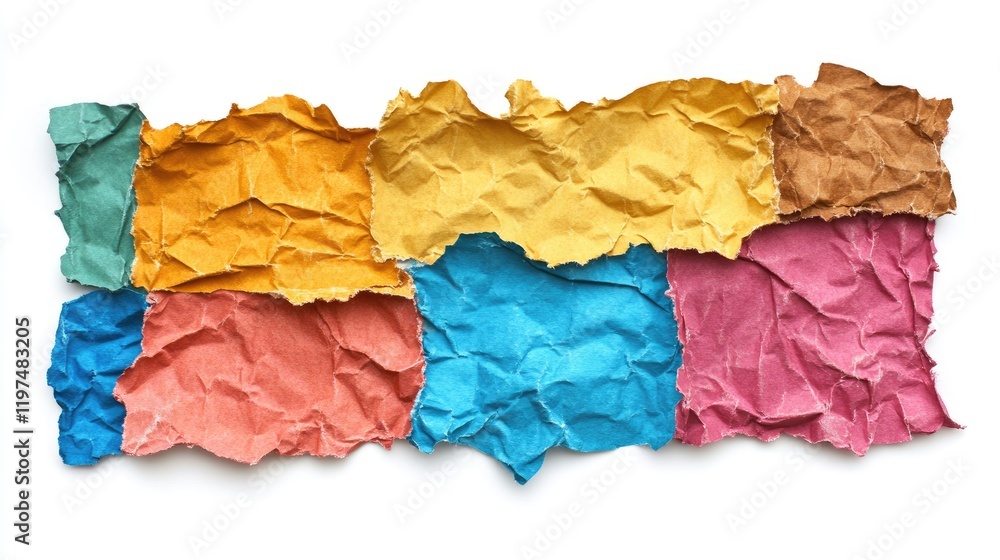Poster colorful crumpled paper texture pieces arranged in a patchwork design with copy space for text inser