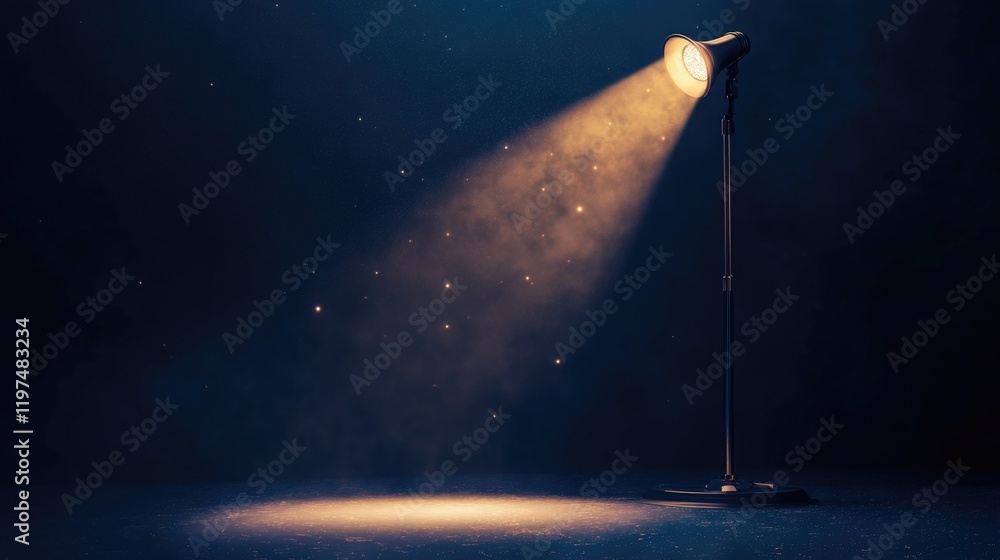 Poster spotlight on dark background with beam of light illuminating dust particles and copy space for text 