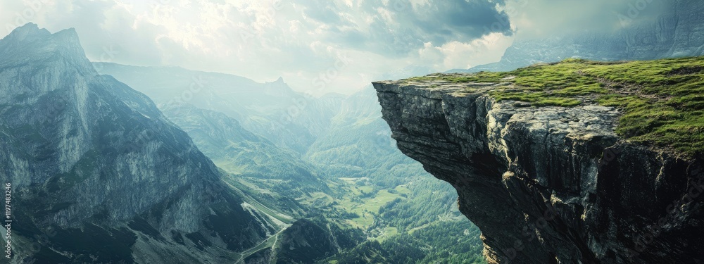 Poster panoramic view of a mountain cliff with green grass on top and dramatic cloudy sky in the background