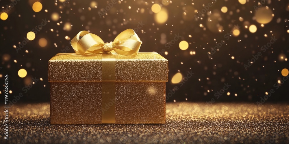 Poster golden gift box with ribbon on sparkling background featuring bokeh lights and copy space for text