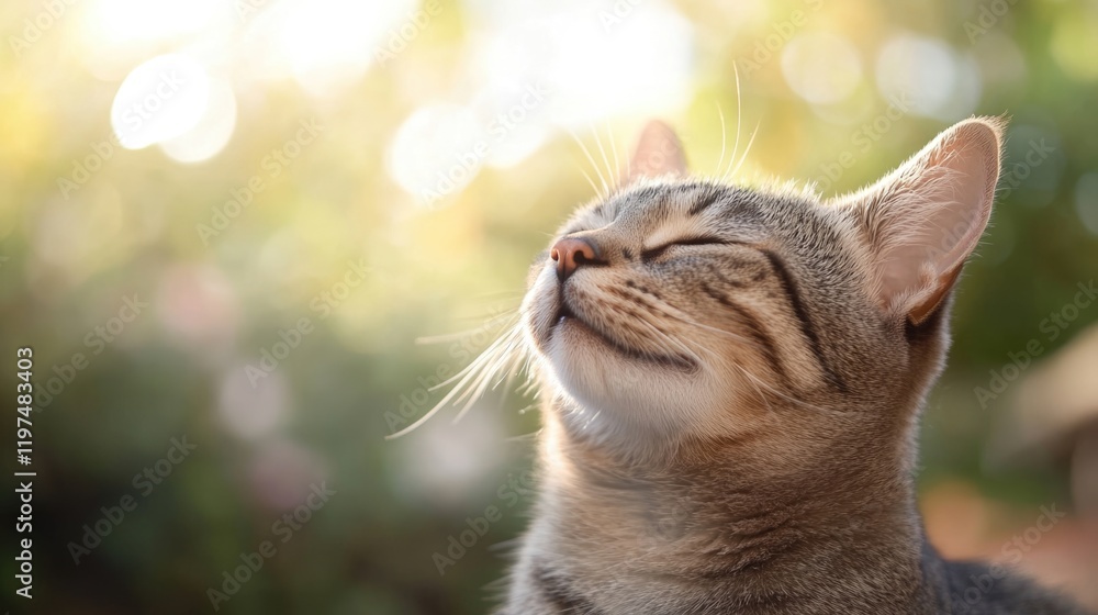 Poster contented tabby cat basking in sunlight with a soft blurred background and ample copy space for text