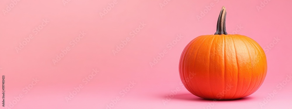 Poster isolated orange pumpkin on pink background with ample copy space for text placement.