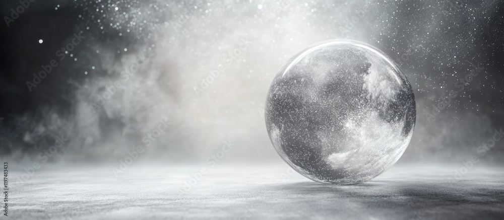Poster dreamy landscape featuring a translucent orb resembling the moon amidst a misty, ethereal background