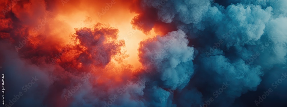 Poster dramatic clouds with orange and blue hues creating a fiery and stormy atmosphere with copy space for