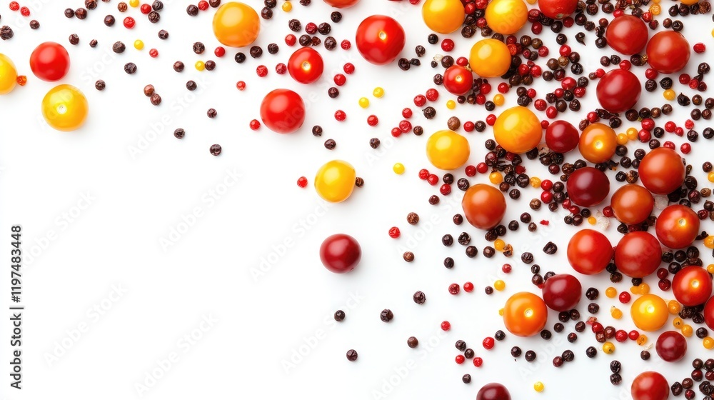 Poster colorful assortment of round sprinkles and edible beads on white background with copy space for text