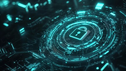 Futuristic Digital Lock Symbol on Abstract Circuit Background Representing Data Security and Cyber Protection Concepts