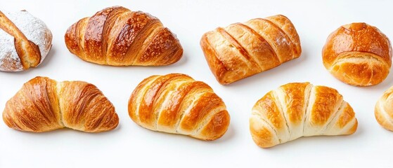 A variety of freshly baked croissants arranged evenly, showcasing different sizes and golden-brown textures.