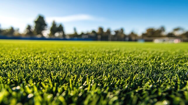 Vibrant green artificial turf with clear blue sky in the background ideal for sports advertising and promotional material with Copy Space.
