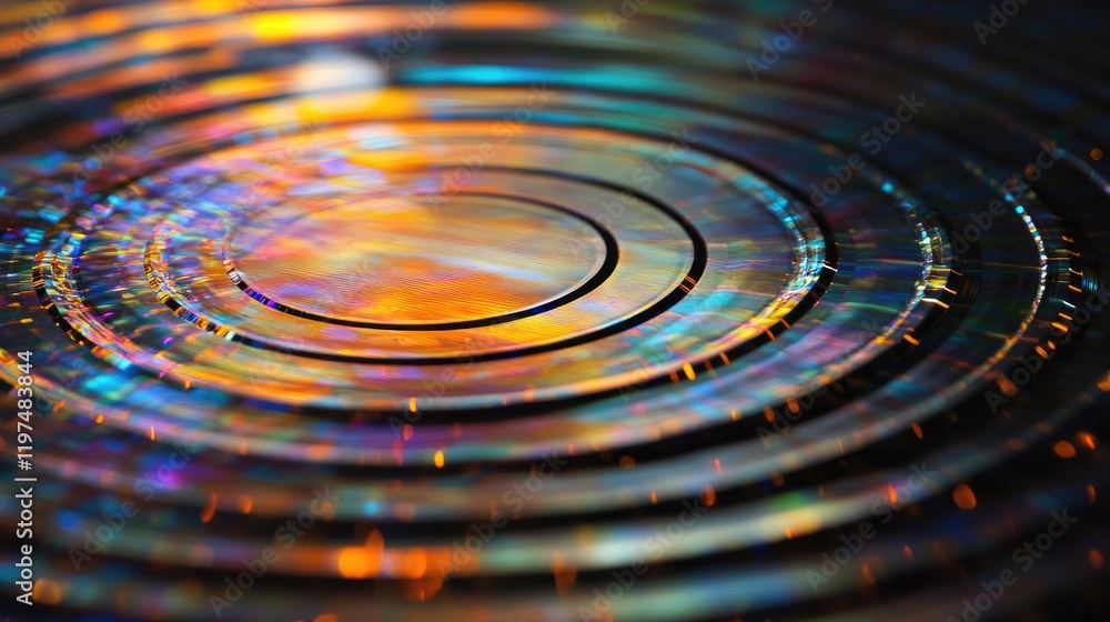 Poster colorful abstract water ripple patterns with bokeh effects and light reflections on a dark backgroun