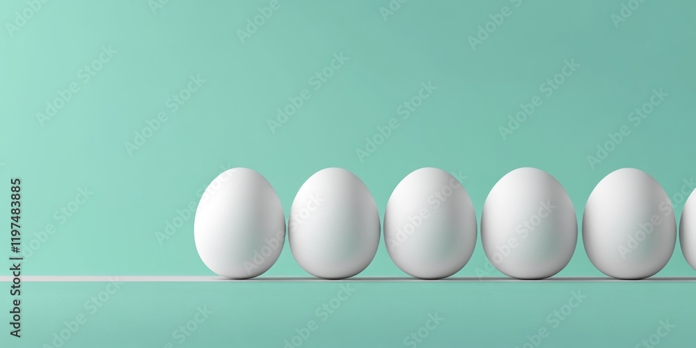 Poster white eggs arranged in a straight line on a white surface with a mint green background and copy spac