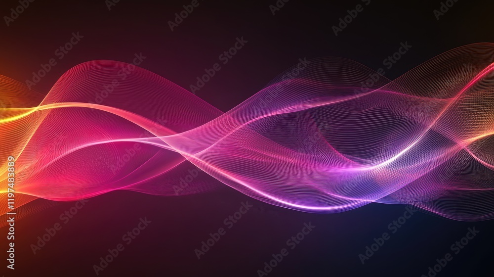 Poster abstract smooth flowing waves in vibrant pink and purple tones on a dark background with copy space 