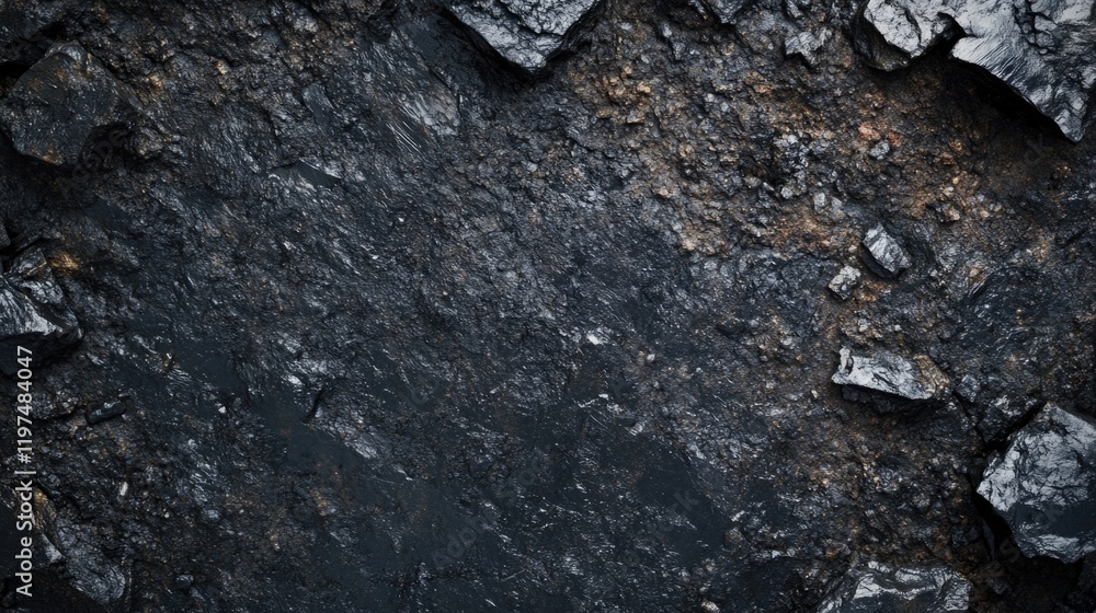 Poster dark textured surface of coal and rocky soil with scattered stones for background use copy space