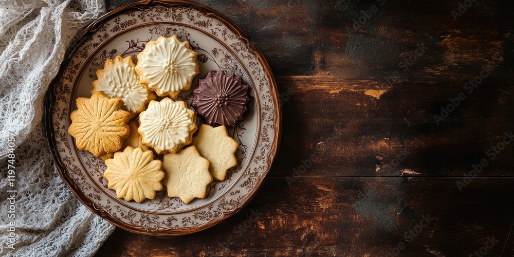 Poster plate of assorted decorative cookies in various shapes and colors on a rustic wooden table with copy